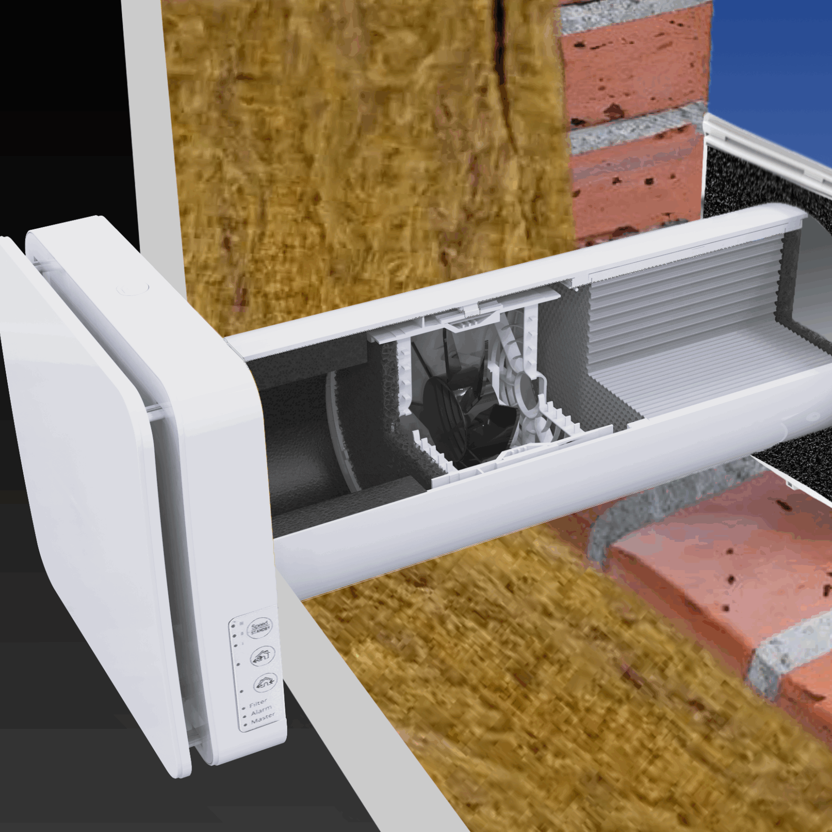 DUKA One pro 50 S i en gjennomsiktig vegg der du kan se innsiden, vegggjennomføringen og utsiden